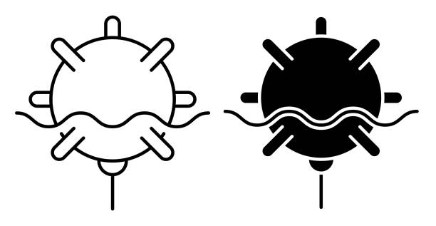 선형 아이콘, 전투 해군 대 잠수함 광산. 적의 선박에 맞서 싸울. 흰색 배경에 격리된 간단한 흑백 벡터 - underwater mine stock illustrations