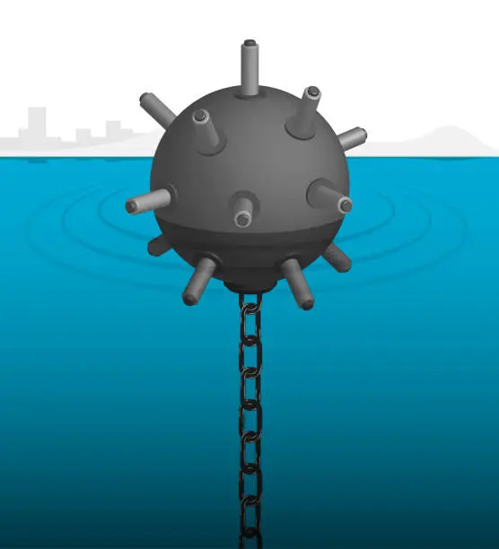 Vector illustration of Realistic combat naval anti submarine mine in the sea. Fight against enemy ships. 3d vector illustration