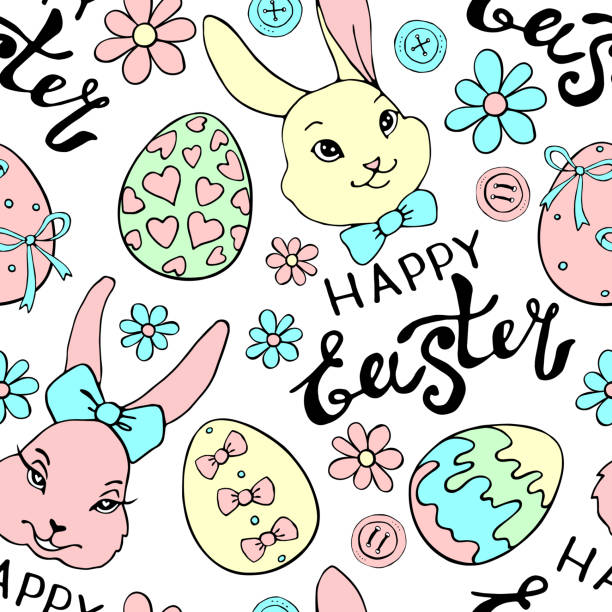 ilustrações de stock, clip art, desenhos animados e ícones de vector seamless pattern with cute funny colorful faces of rabbits, eggs, flowers and happy easter inscriptions. holiday backgrounds and textures in flat style - color image colored background easter animal body part