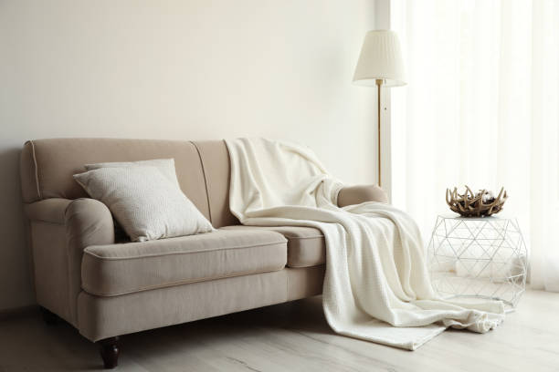 istock Comfortable sofa with cushions and plaid in stylish living room interior 1388138522