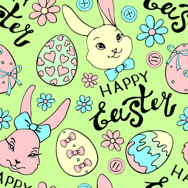 ilustrações de stock, clip art, desenhos animados e ícones de vector seamless pattern with cute funny colorful faces of rabbits, eggs, flowers and happy easter inscriptions. holiday backgrounds and textures in flat style - color image colored background easter animal body part