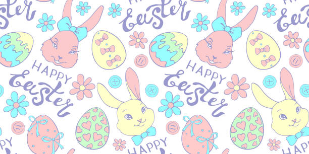 ilustrações de stock, clip art, desenhos animados e ícones de vector seamless pattern with cute funny colorful faces of rabbits, eggs, flowers and happy easter inscriptions. holiday backgrounds and textures in flat style - color image colored background easter animal body part