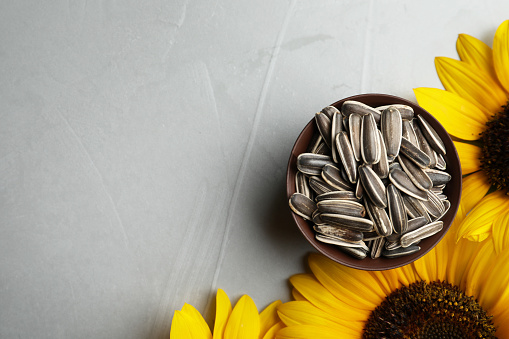 Raw sunflower seeds and flowers on grey table, flat lay. Space for text