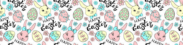 ilustrações de stock, clip art, desenhos animados e ícones de vector seamless pattern with cute funny colorful faces of rabbits, eggs, flowers and happy easter inscriptions. holiday backgrounds and textures in flat style - color image colored background easter animal body part