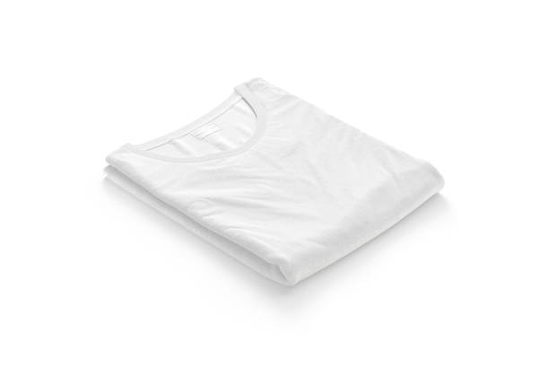 Blank white folded square t-shirt mockup, side view, 3d rendering. Empty casual basic tshirt with label mock up, isolated. Clear cotton jersey undershirt with tag for store logotype template.