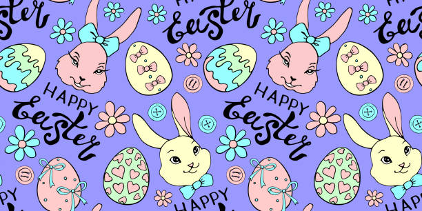 ilustrações de stock, clip art, desenhos animados e ícones de vector seamless pattern with cute funny colorful faces of rabbits, eggs, flowers and happy easter inscriptions. holiday backgrounds and textures in flat style - color image colored background easter animal body part