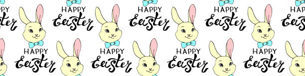 ilustrações de stock, clip art, desenhos animados e ícones de happy easter-vector seamless pattern with inscriptions and simple colorful drawings of faces of cute rabbits in flat style. holiday background and texture - color image colored background easter animal body part