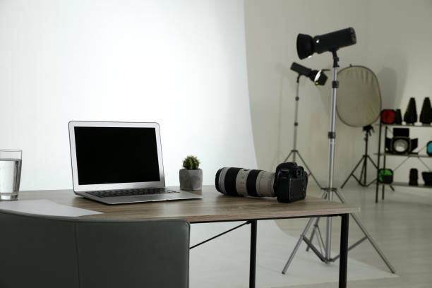 istock Photo studio interior with set of professional equipment and workplace 1388139157