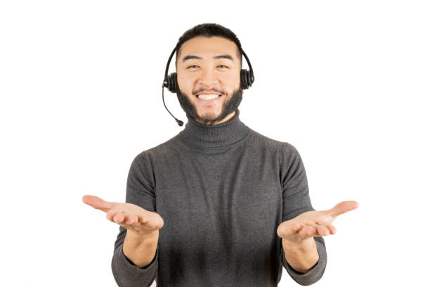 istock asian man phone assistant with welcome gesture, on isolated white background 1388139241