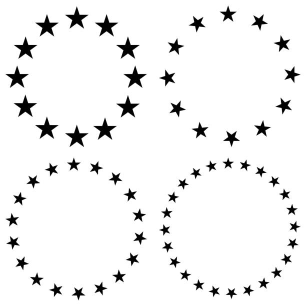 ilustraciones, imágenes clip art, dibujos animados e iconos de stock de círculos de 12 y 24 estrellas. conjunto vectorial de siluetas negras. - stars