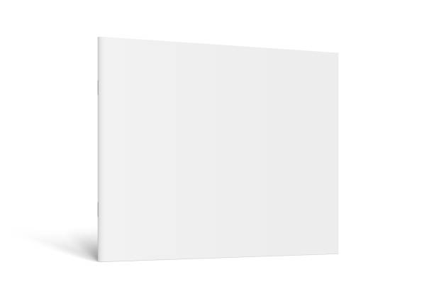 vektor realistisches stehendes 3d-magazin-mockup mit weißem blanko-cover - horizontal stock-grafiken, -clipart, -cartoons und -symbole