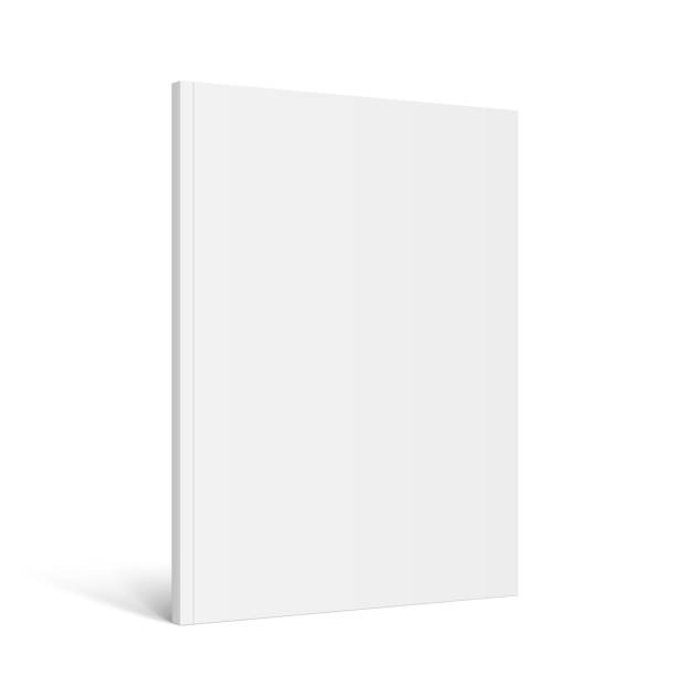 Vector realistic standing 3d magazine mockup with white blank cover Vector realistic standing 3d magazine mockup with white blank cover isolated. Closed vertical paperback book, catalog or magazine mock up on white background. Diminishing perspective brochure templates stock illustrations
