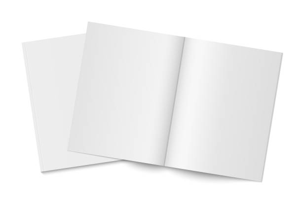 Vector mockup of two white paperback magazines with transparent shadow Vector mockup of two white paperback magazines with transparent shadow. Blank realistic vertical magazine, book, brochure or booklet template opened and closed on white background. 3d illustration magazine stock illustrations