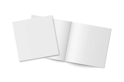 Vector mockup of two white paperback magazines with transparent shadow. Blank realistic square magazine, book, brochure or booklet template opened and closed on white background. 3d illustration