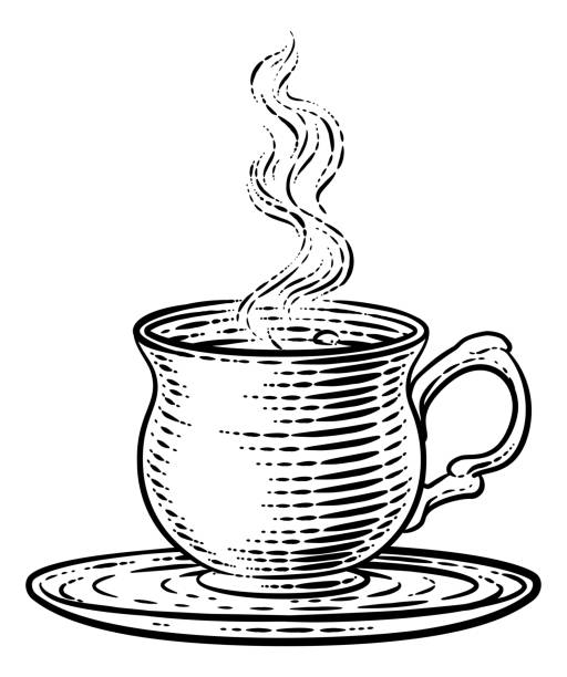 illustrazioni stock, clip art, cartoni animati e icone di tendenza di caffè tazza da tè bevanda calda tazza vintage retro acquaforte - coffee espresso retro revival coffee cup