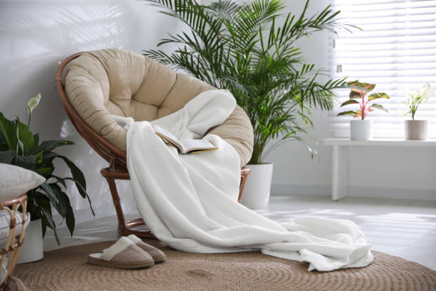 istock Stylish room interior with comfortable papasan chair and plaid 1388140767