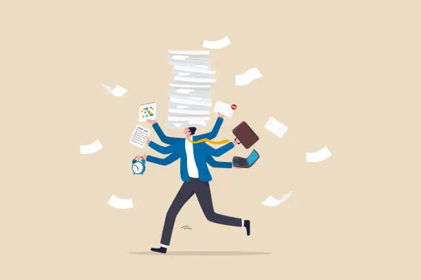Vector illustration of Busy work and multitasking employee, hurry to finish many documents within deadline and schedule, overworked or exhausted from overload tasks concept, stressful businessman carry busy work to finish.