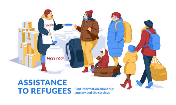 ilustraciones, imágenes clip art, dibujos animados e iconos de stock de voluntario dando comida, ayudando a mujeres y niños hambrientos de refugiados. ilustración vectorial plana aislada sobre fondo blanco - ukraine war