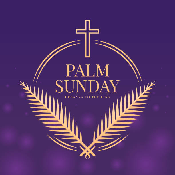 Palm sunday, hosana to the king gold cross crucifix sign on circle frame with palm leaves cross on purple lighe background vector design Palm sunday, hosana to the king gold cross crucifix sign on circle frame with palm leaves cross on purple lighe background vector design lent season stock illustrations