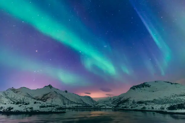 Photo of Northern Lights over the mountains at the Lofoten Islands in Norway