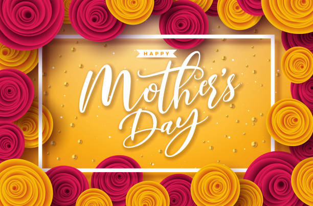 happy mother's day illustration mit rosenblume, perle und typografie brief auf gelbem hintergrund. vector celebration design vorlage für grußkarte, banner, flyer, einladung, broschüre, poster. - mother of pearl stock-grafiken, -clipart, -cartoons und -symbole