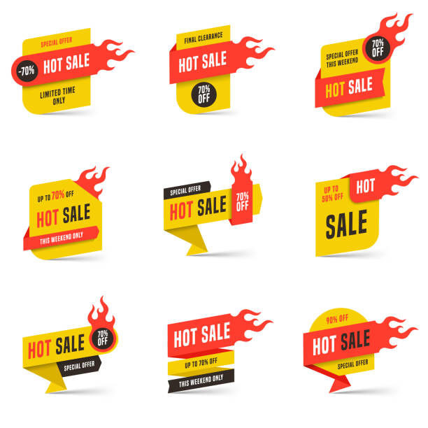 Hot sale banners design templates set. Hot sale banners design templates set. Flat line fire flame speech bubbles special offers discounts vector illustration. perfect gift stock illustrations