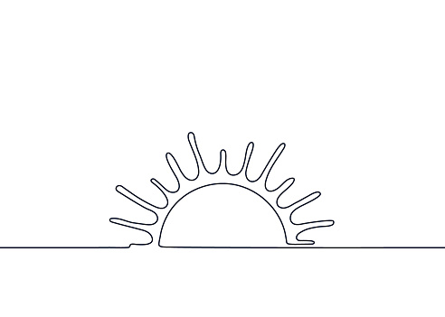 Sun one black continuous line, sunset and sunrise outline. One line drawing. Vector