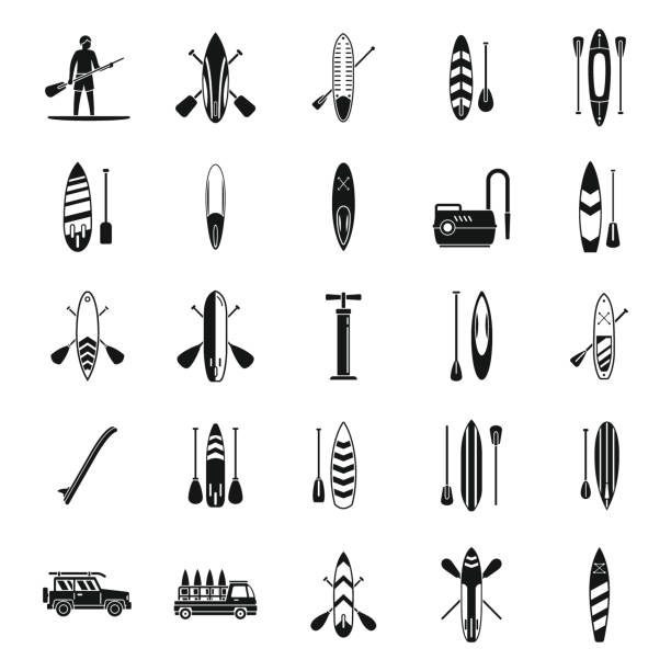 Sup surfing icons set simple vector. Surf board Sup surfing icons set simple vector. Surf board. Puddle gear paddleboard stock illustrations
