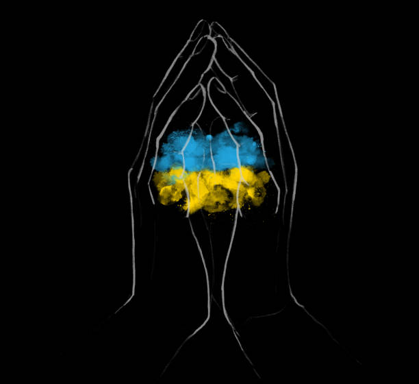 istock Watercolor painted Ukranian flag with abstract stains and line hands. 1388147042
