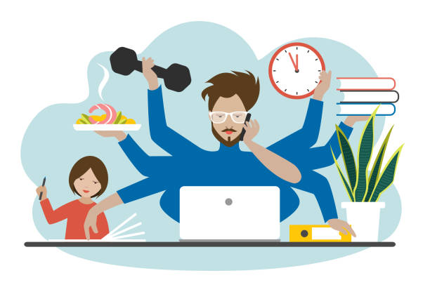 Busy multitasking man, father, dad, daddy, husband, businessman, worker. Young man with daughter, working, calling and doing exercise at the gym. Flat vector. vector art illustration
