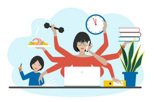 ilustrações de stock, clip art, desenhos animados e ícones de multitask woman. mother, businesswoman with child, working, coocking and calling. flat vector. - busy