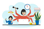 istock Multitask woman. Mother, businesswoman with child, working, coocking and calling. Flat vector. 1388147280