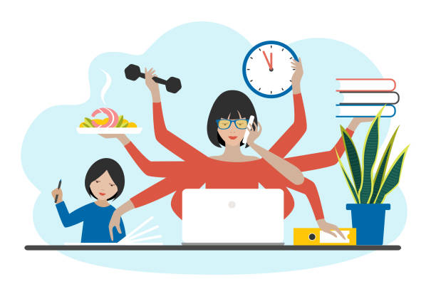 Multitask woman. Mother, businesswoman with child, working, coocking and calling. Flat vector. vector art illustration