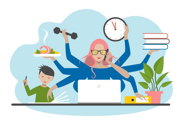 Multitask woman. Mother, businesswoman with child, working, coocking and calling. Flat vector. vector art illustration