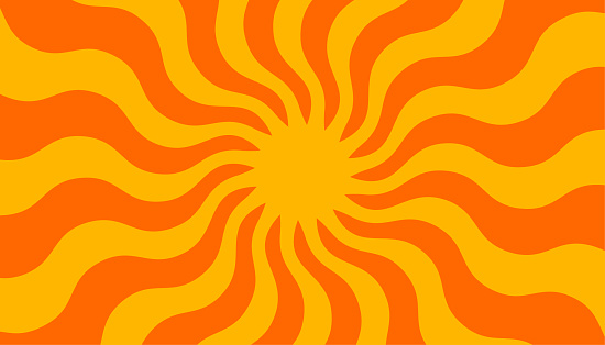 Retro banner with sun and rays in style of 70s. Sunburst, sunrise summer background. Sunbeam illustration, starburst geometric pattern. Vintage wallpaper