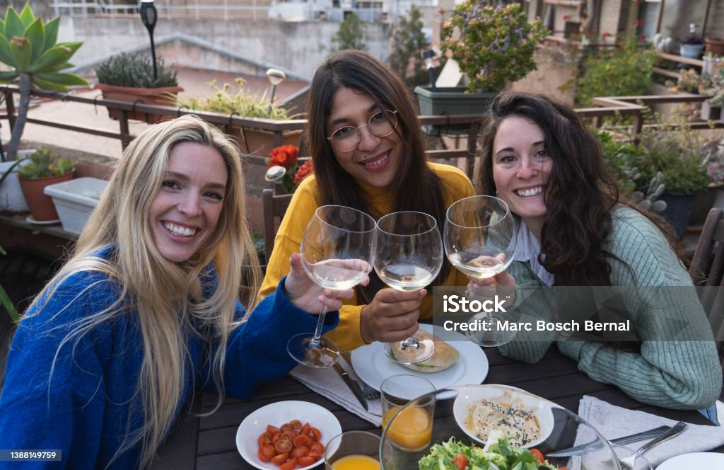Women toast with wine at a table while facing the camera Three young women toast with wine at a table with vegetarian food while looking at the camera. Female Friendship Stock Photo