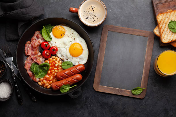 istock English breakfast with fried eggs, beans, bacon and sausages 1388151089
