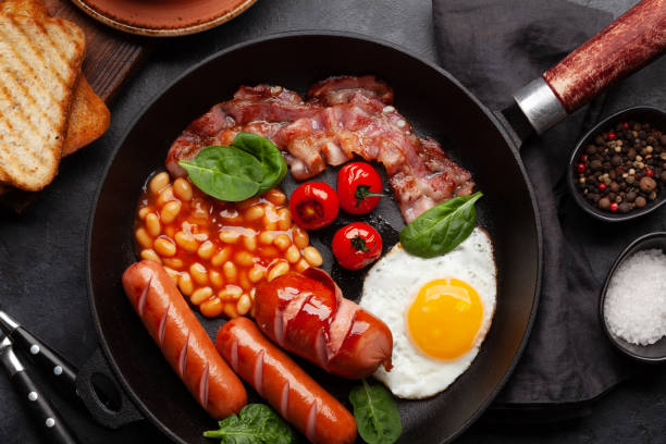 istock English breakfast with fried eggs, beans, bacon and sausages 1388151898