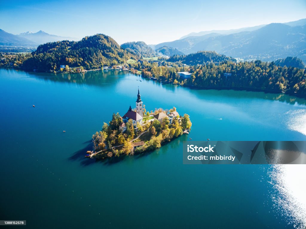 Lake Bled with the Bled island from above Lake Bled with the Bled island, Gorenjska (Upper Carniolan region), Slovenia. High angle view from drone. Lake Bled Stock Photo