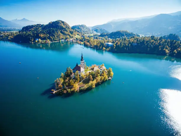 Lake Bled with the Bled island, Gorenjska (Upper Carniolan region), Slovenia. High angle view from drone.