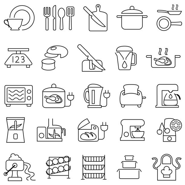 Kitchenware, Appliances, Utensils and Gadgets Outline Icons Single color isolated outline icons of kitchen appliances and utensils water filter stock illustrations