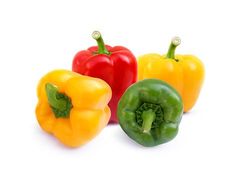 Yellow Bell Pepper elevated view on white background. Clipping path included.Bell pepper pictures: