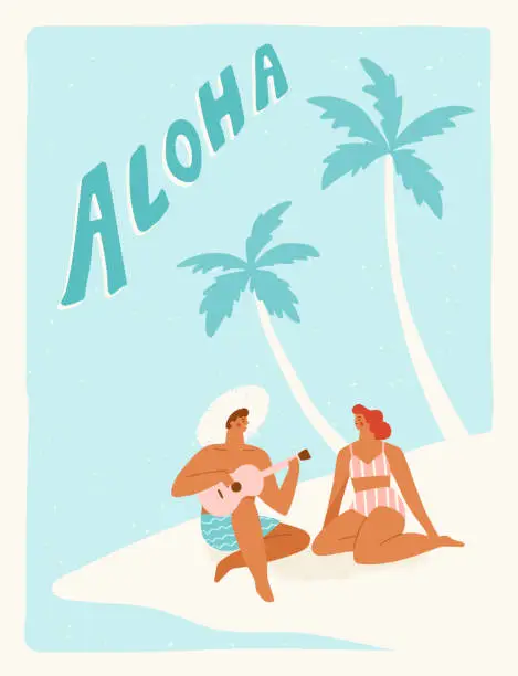 Vector illustration of Young couple sitting on the beach by palm trees