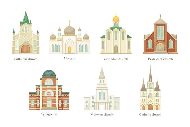 vektorsatz von illustrationen von kirchen verschiedener religiöser konfessionen. religiöses architektonisches gebäude. - mormonenkirche stock-grafiken, -clipart, -cartoons und -symbole