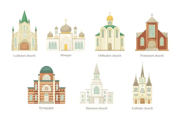 Vector illustration of Vector set of illustrations of churches of different religious denominations. Religious architectural building.