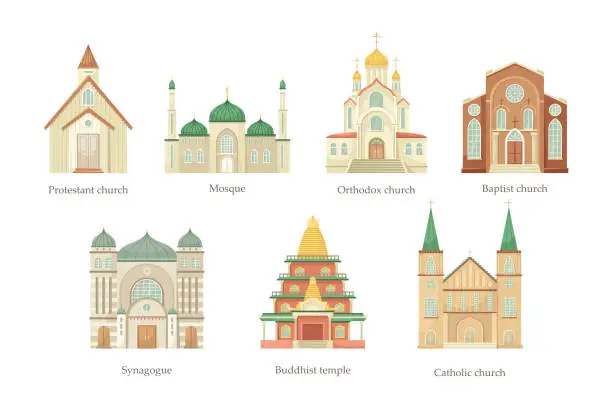 Vector illustration of Vector set of illustrations of churches of different religious denominations. Religious architectural building.