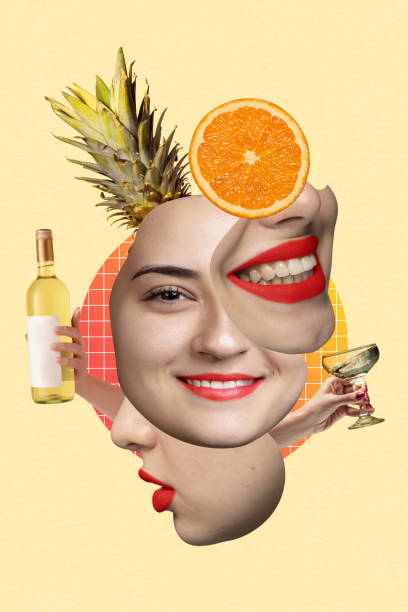 istock Creative design. Female faces with different emotions isolated over yellow background. Party time 1388157302