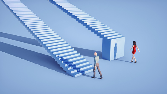 Two people in front of different stairs. Inequality and disadvantage concept. This is a 3d render illustration