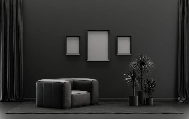 istock Gallery wall with three frames, in monochrome flat single black and dark gray color room with single chair and plants,  3d Rendering 1388159434