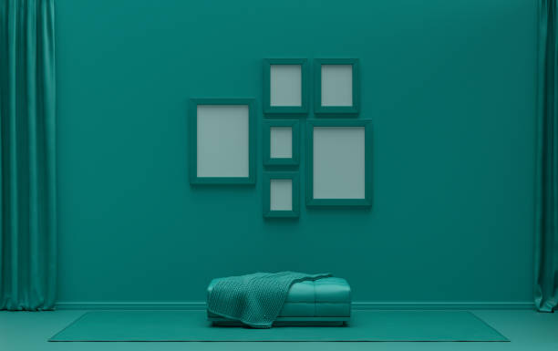istock Mock-up poster gallery wall with six frames in solid pastel dark green room with middle ottoman puff without plants, 3d Rendering 1388159631